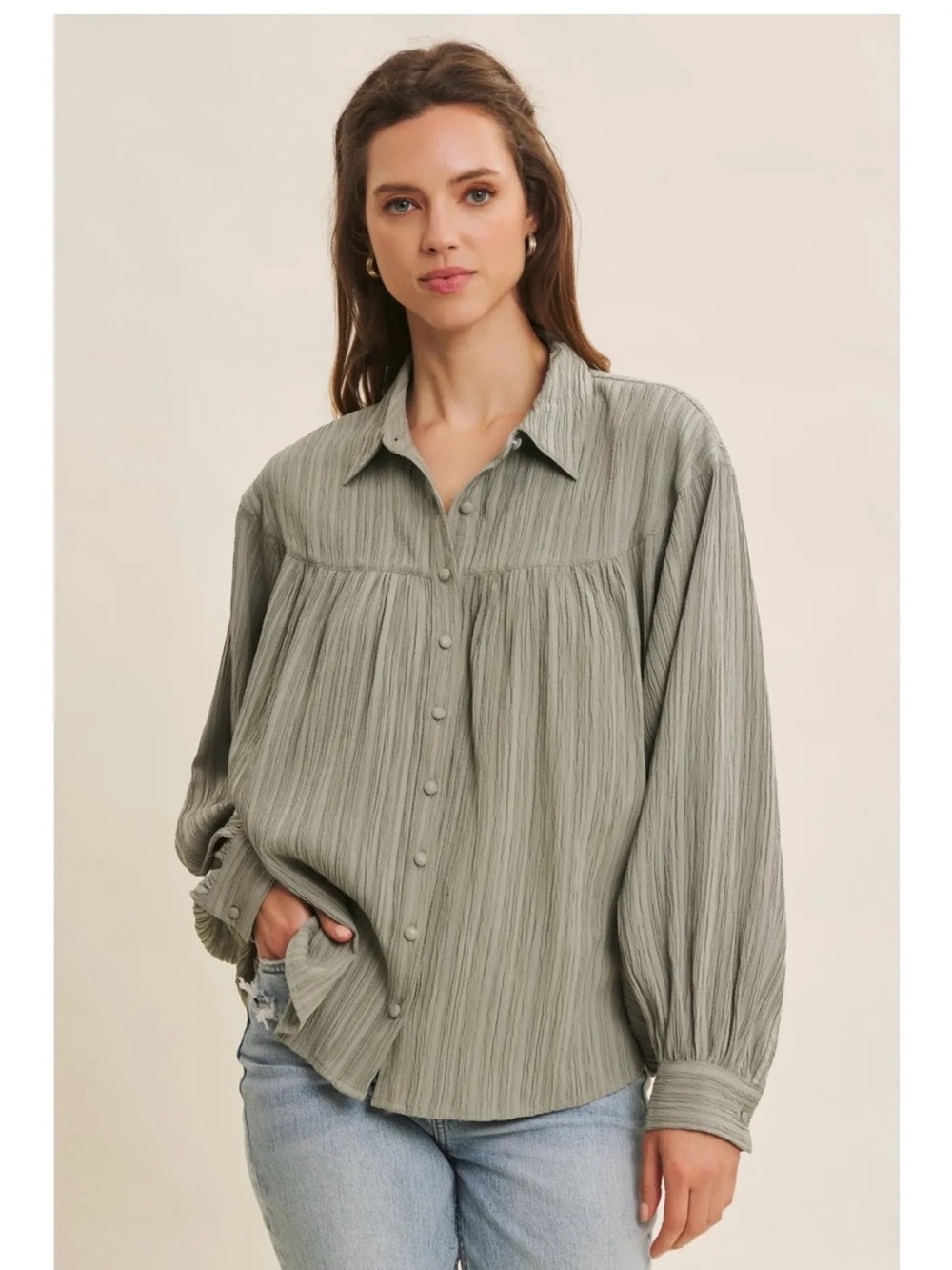 In February Olive Grove Crinkle Balloon Sleeve Button Down Shirt - NWT